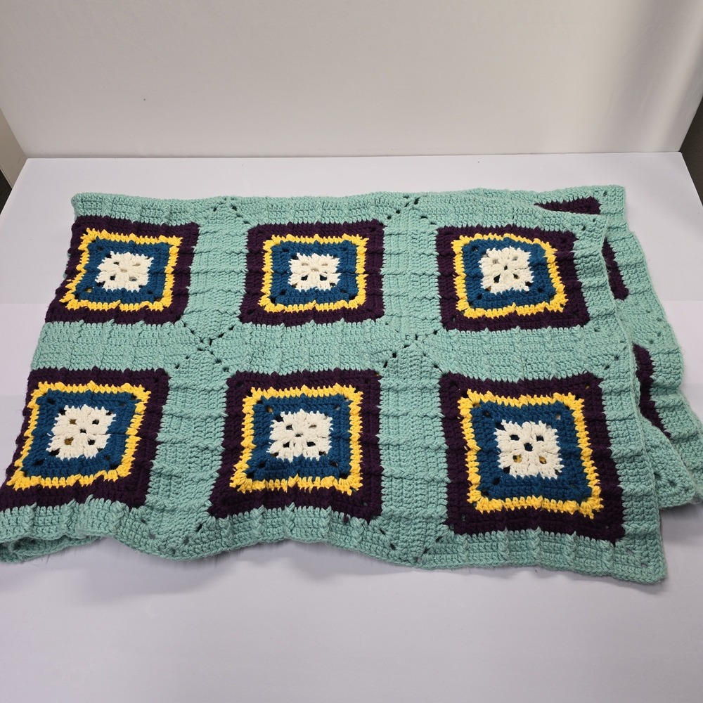 Vintage Handmade Crochet Granny Square Afghan Throw Blanket Teal Purple 45x74